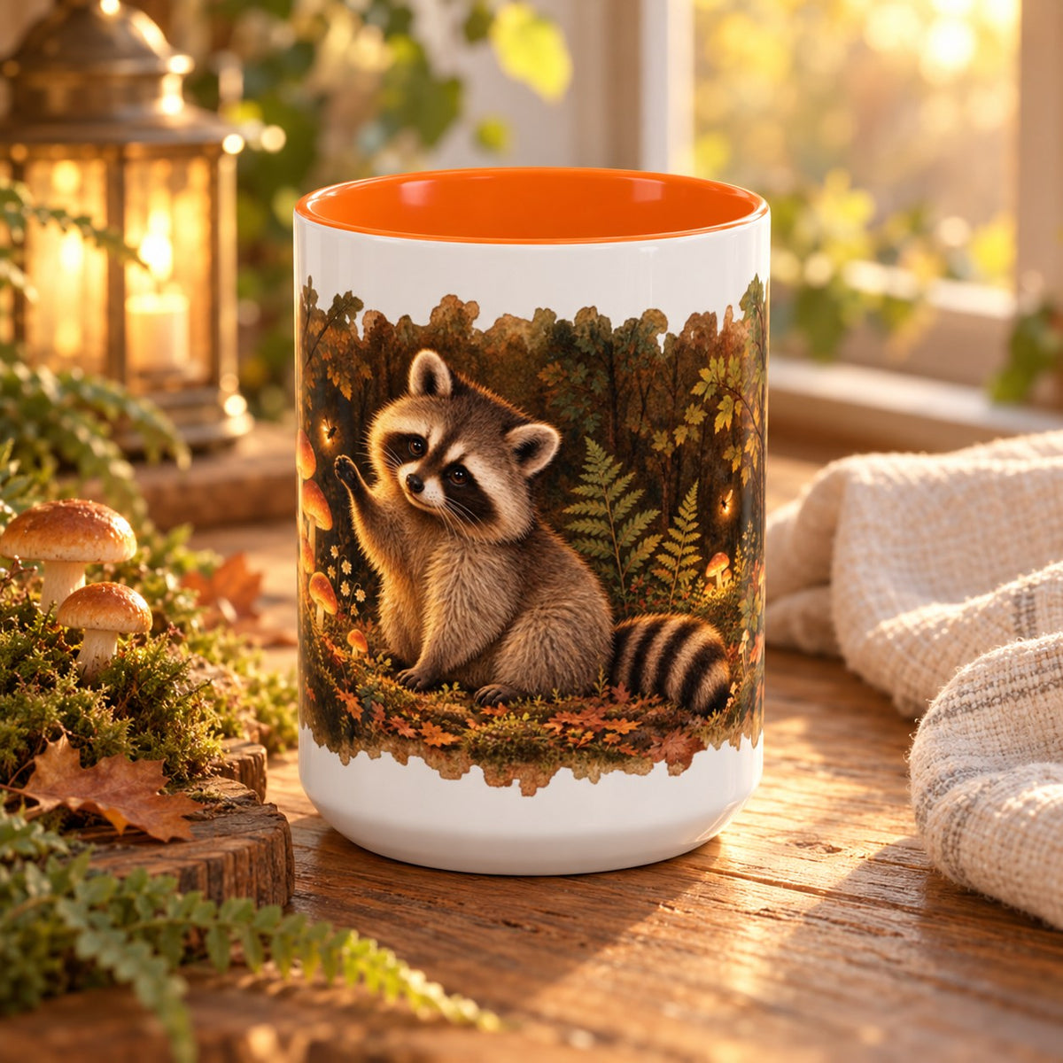 Raccoon in Forest mug, orange inside and handle, 15oz, front view