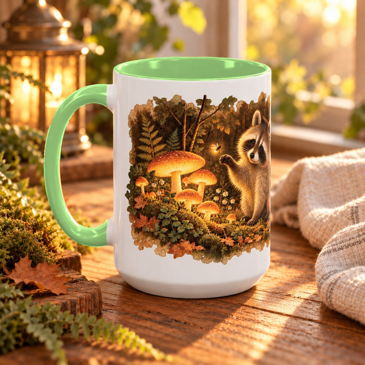 Raccoon in Forest mug, light green inside and handle, 15oz, handle view