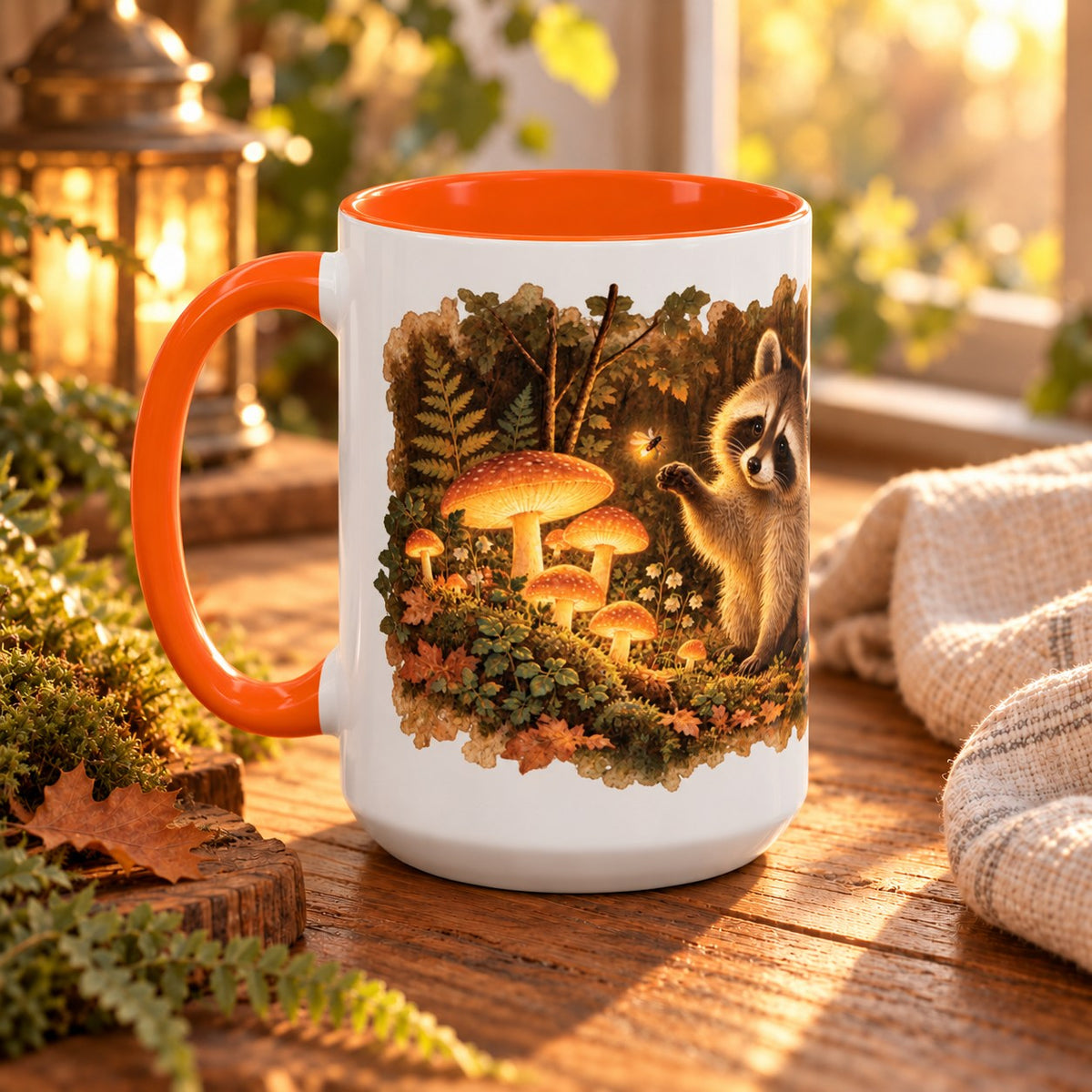 Raccoon in Forest mug, orange inside and handle, 15oz, handle view