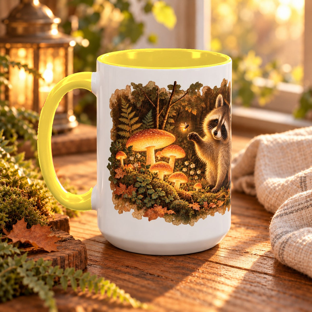 Raccoon in Forest mug, yellow inside and handle, 15oz, handle view