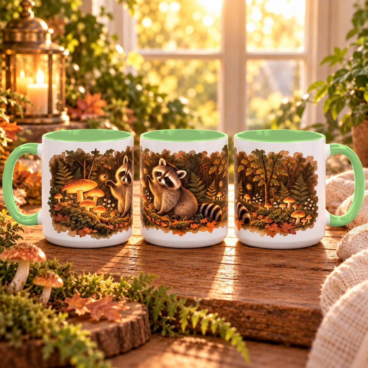 Raccoon in Forest mug, light green inside and handle, 11oz, three views of the full wrap