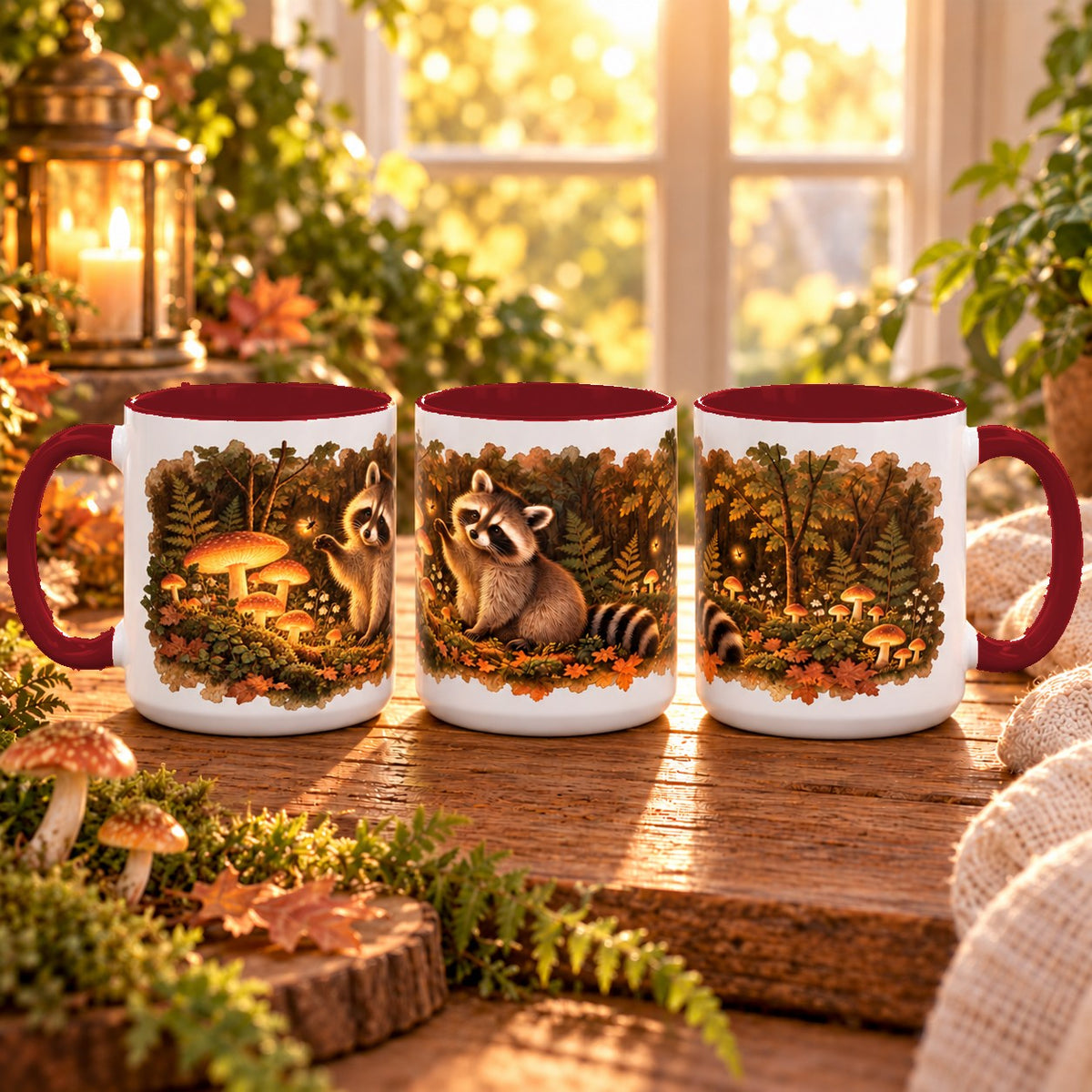 Raccoon in Forest mug, maroon inside and handle, 11oz, three views of the full wrap