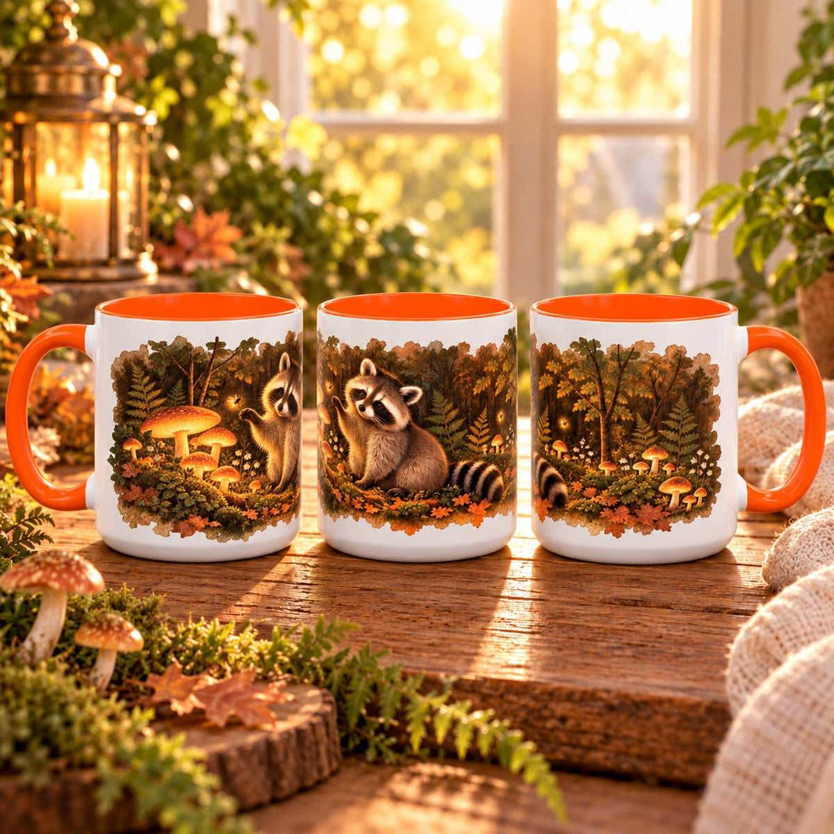 Raccoon in Forest mug, orange inside and handle, 11oz, three views of the full wrap