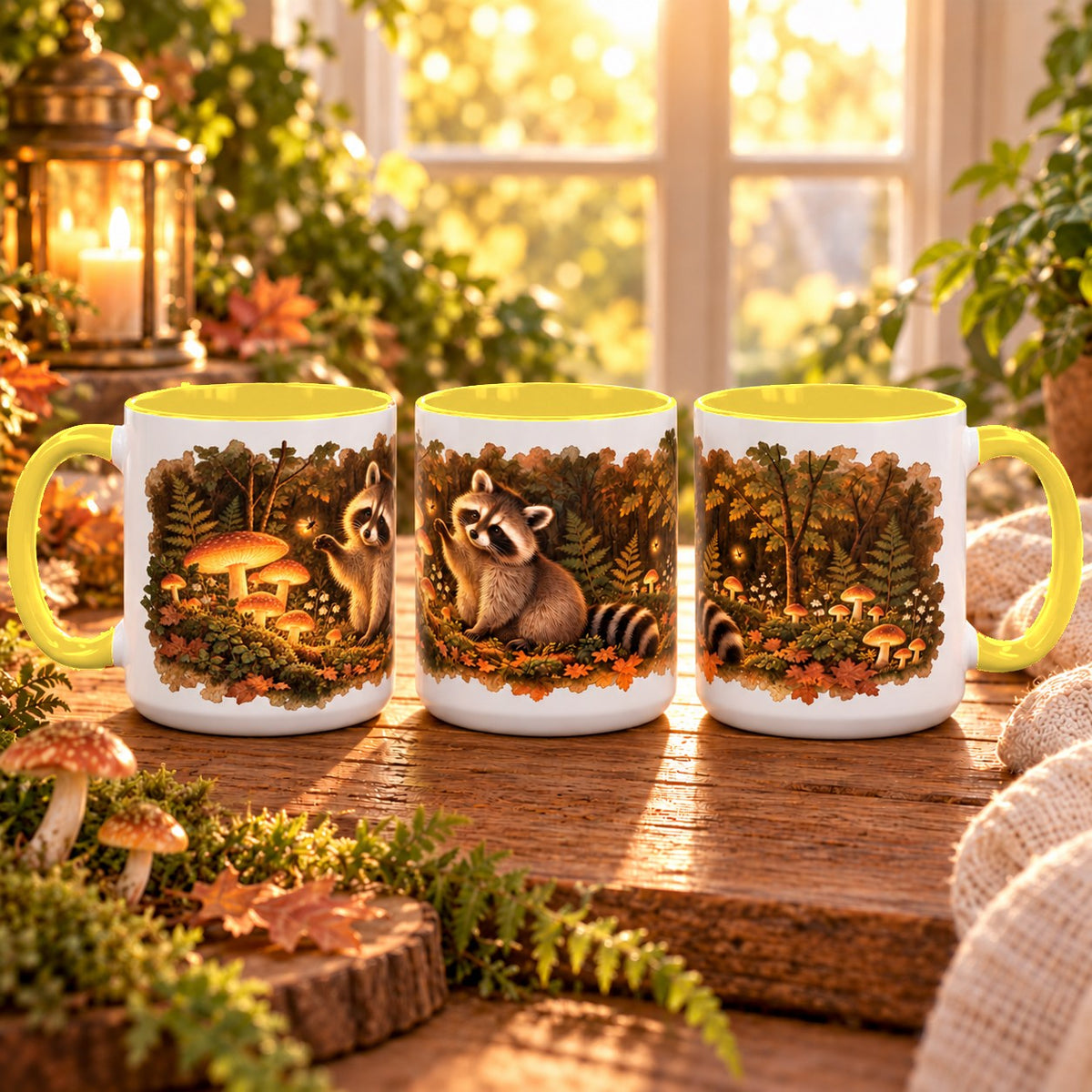 Raccoon in Forest mug, yellow inside and handle, 11oz, three views of the full wrap