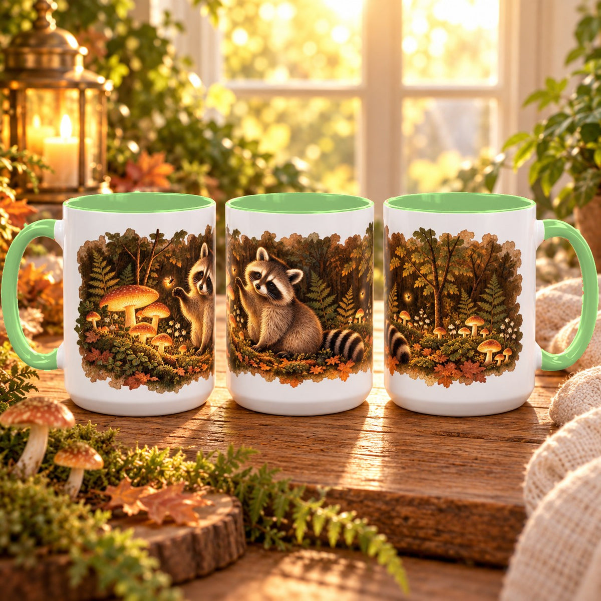 Raccoon in Forest mug, light green inside and handle, 15oz, three views of the full wrap