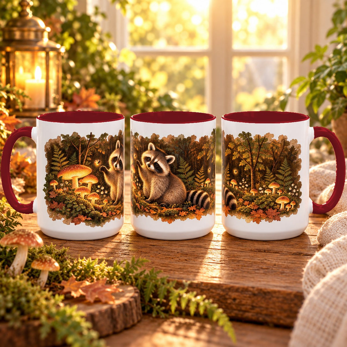Raccoon in Forest mug, maroon inside and handle, 15oz, three views of the full wrap