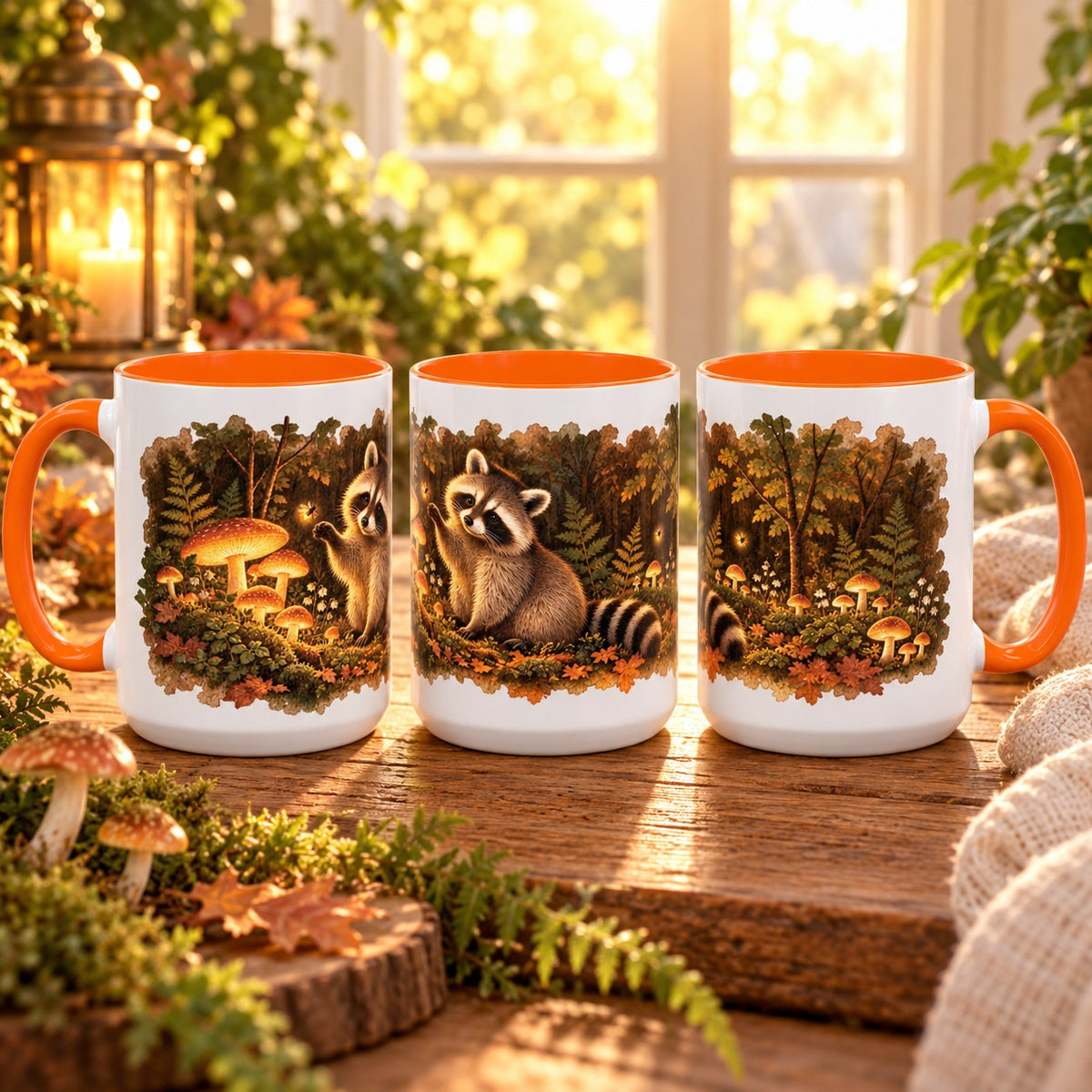 Raccoon in Forest mug, orange inside and handle, 15oz, three views of the full wrap