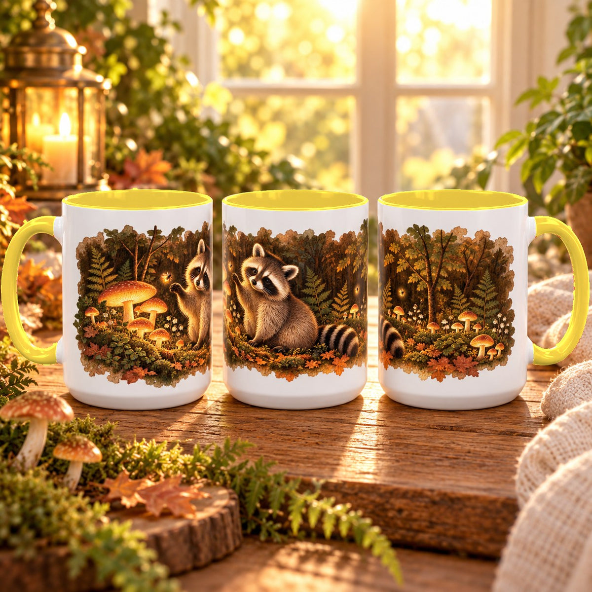 Raccoon in Forest mug, yellow inside and handle, 15oz, three views of the full wrap
