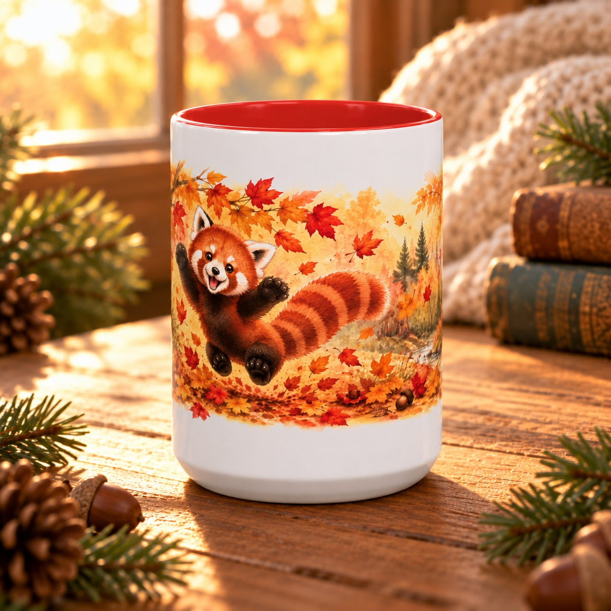 Red Panda mug, red inside and handle, 15oz, front view