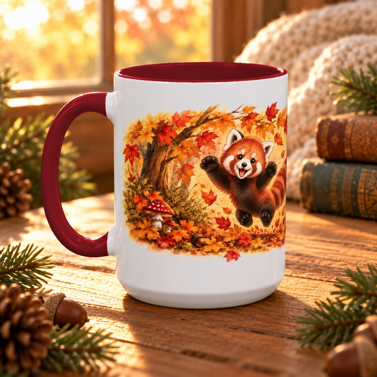 Red Panda mug, maroon inside and handle, 15oz, handle view