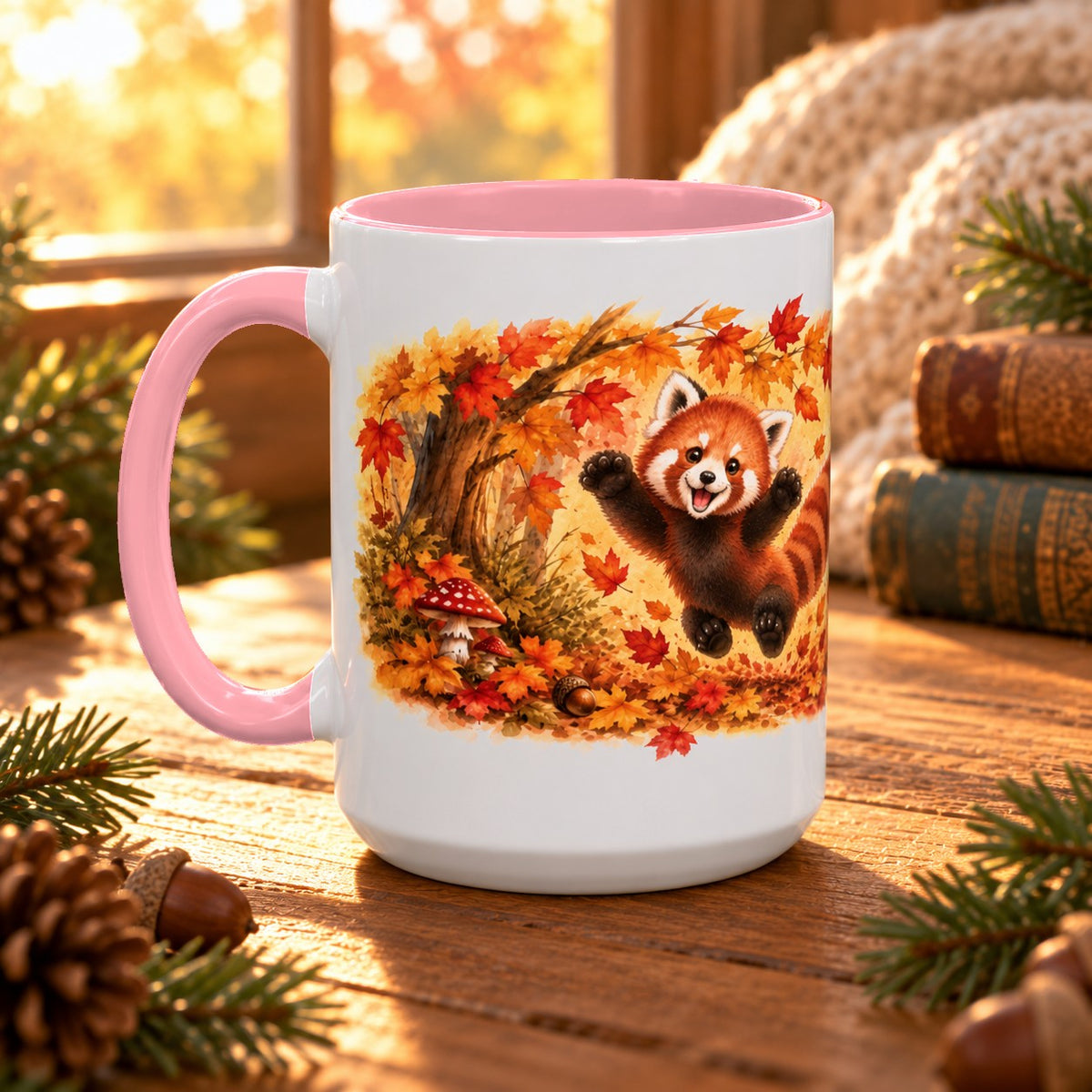 Red Panda mug, pink inside and handle, 15oz, handle view