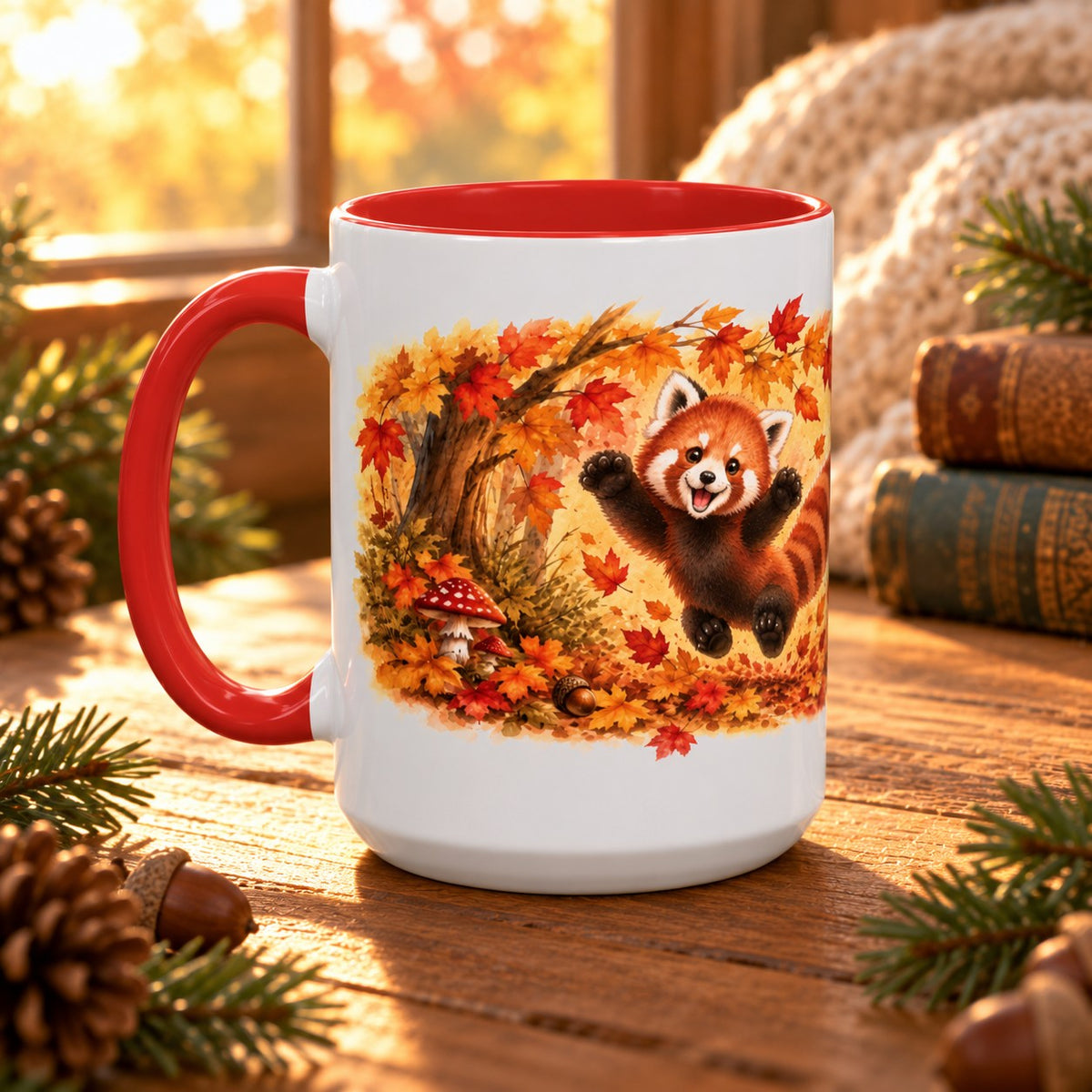 Red Panda mug, red inside and handle, 15oz, handle view