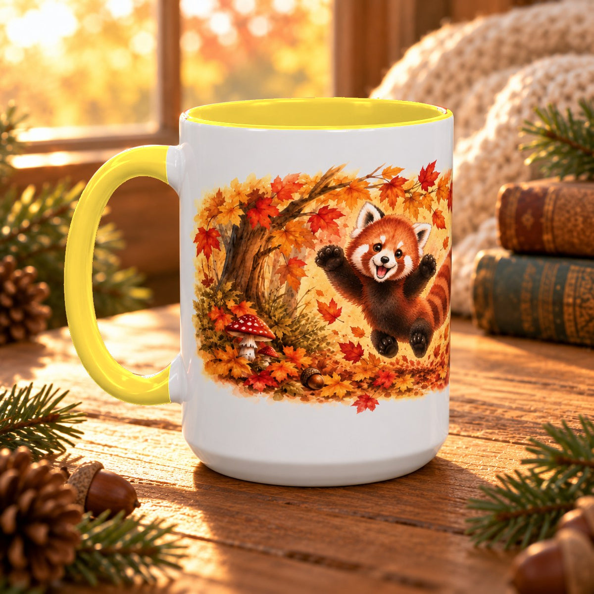 Red Panda mug, yellow inside and handle, 15oz, handle view