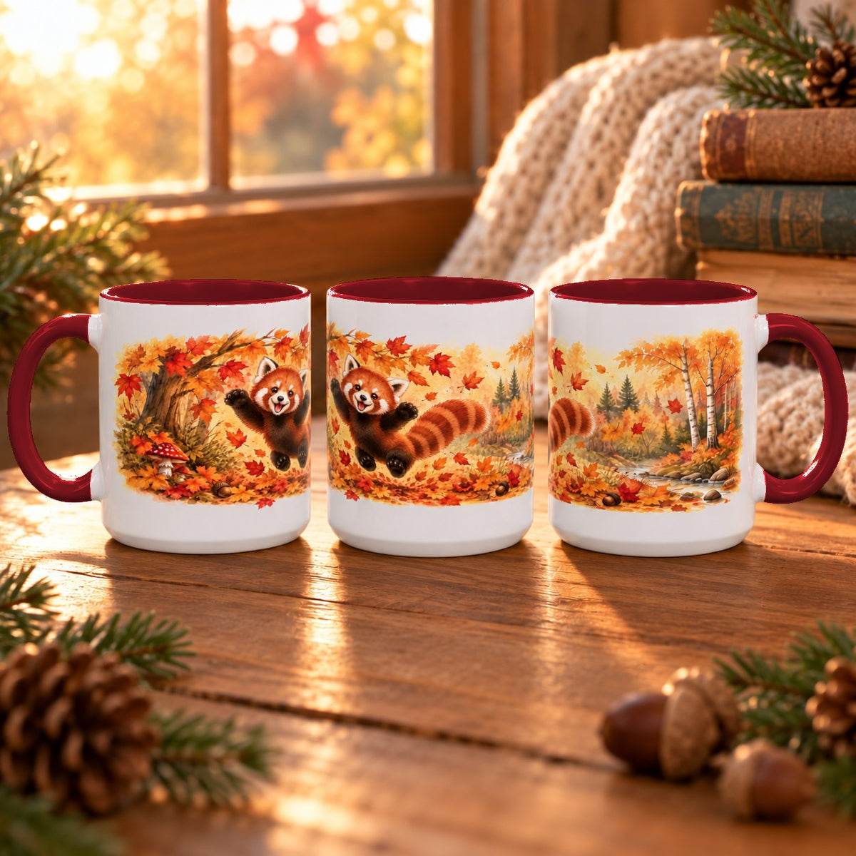 Red Panda mug, maroon inside and handle, 11oz, three views of the full wrap