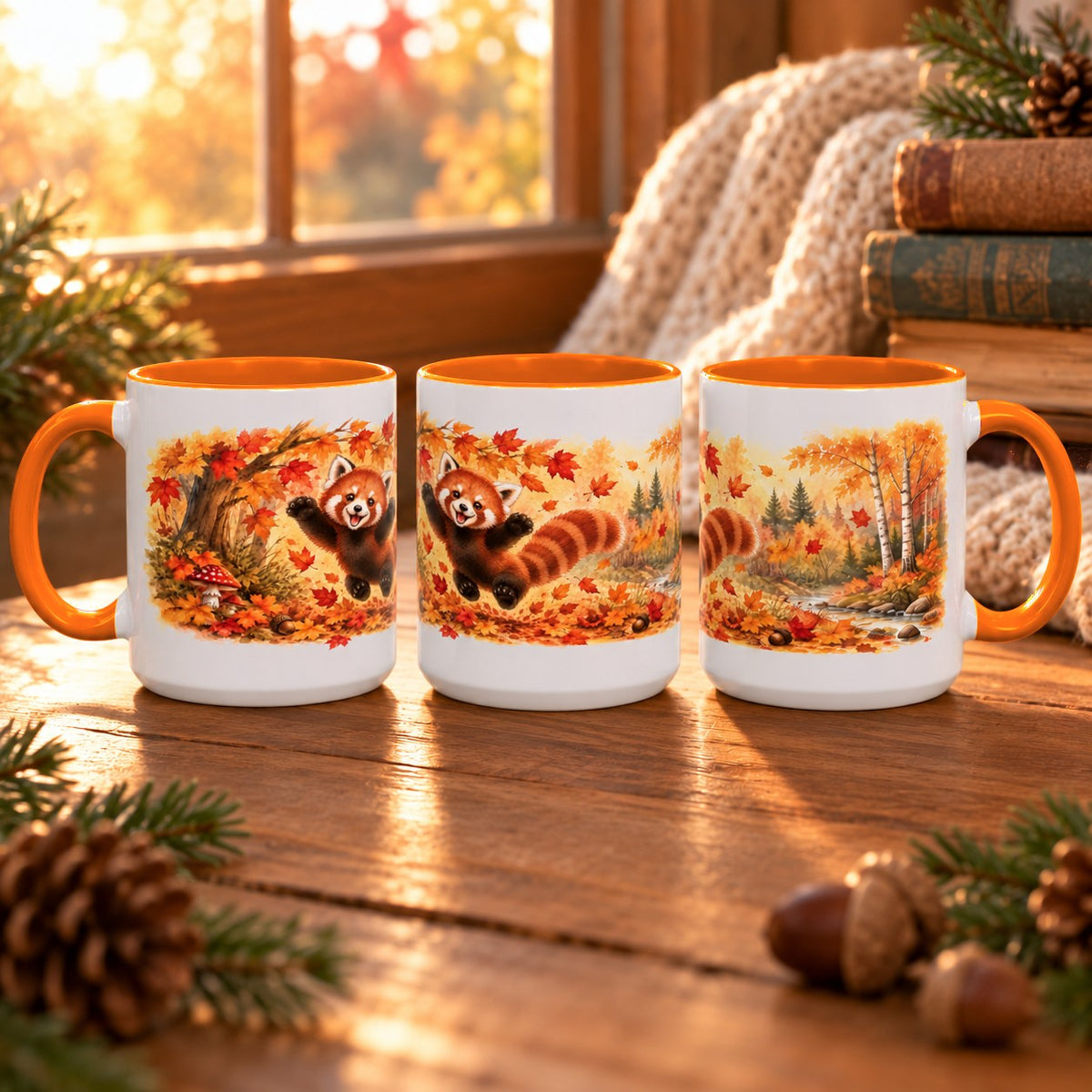 Red Panda mug, orange inside and handle, 11oz, three views of the full wrap