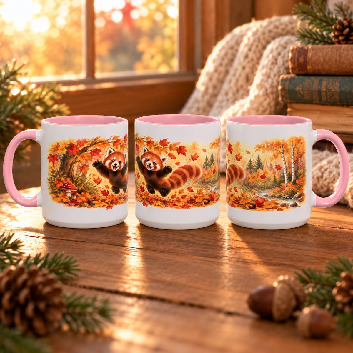 Red Panda mug, pink inside and handle, 11oz, three views of the full wrap