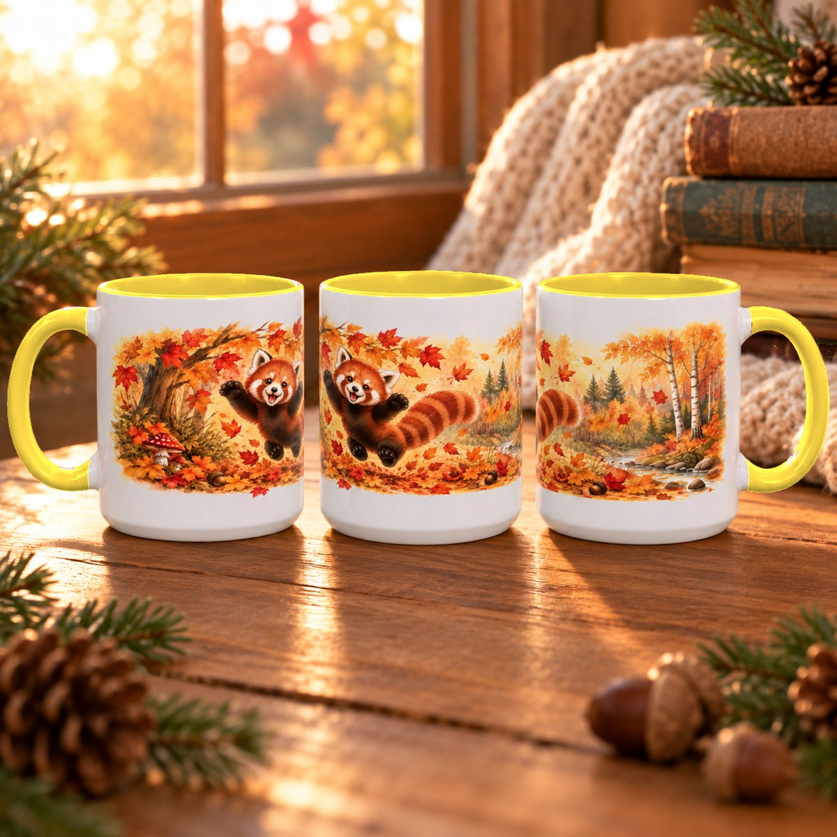 Red Panda mug, yellow inside and handle, 11oz, three views of the full wrap