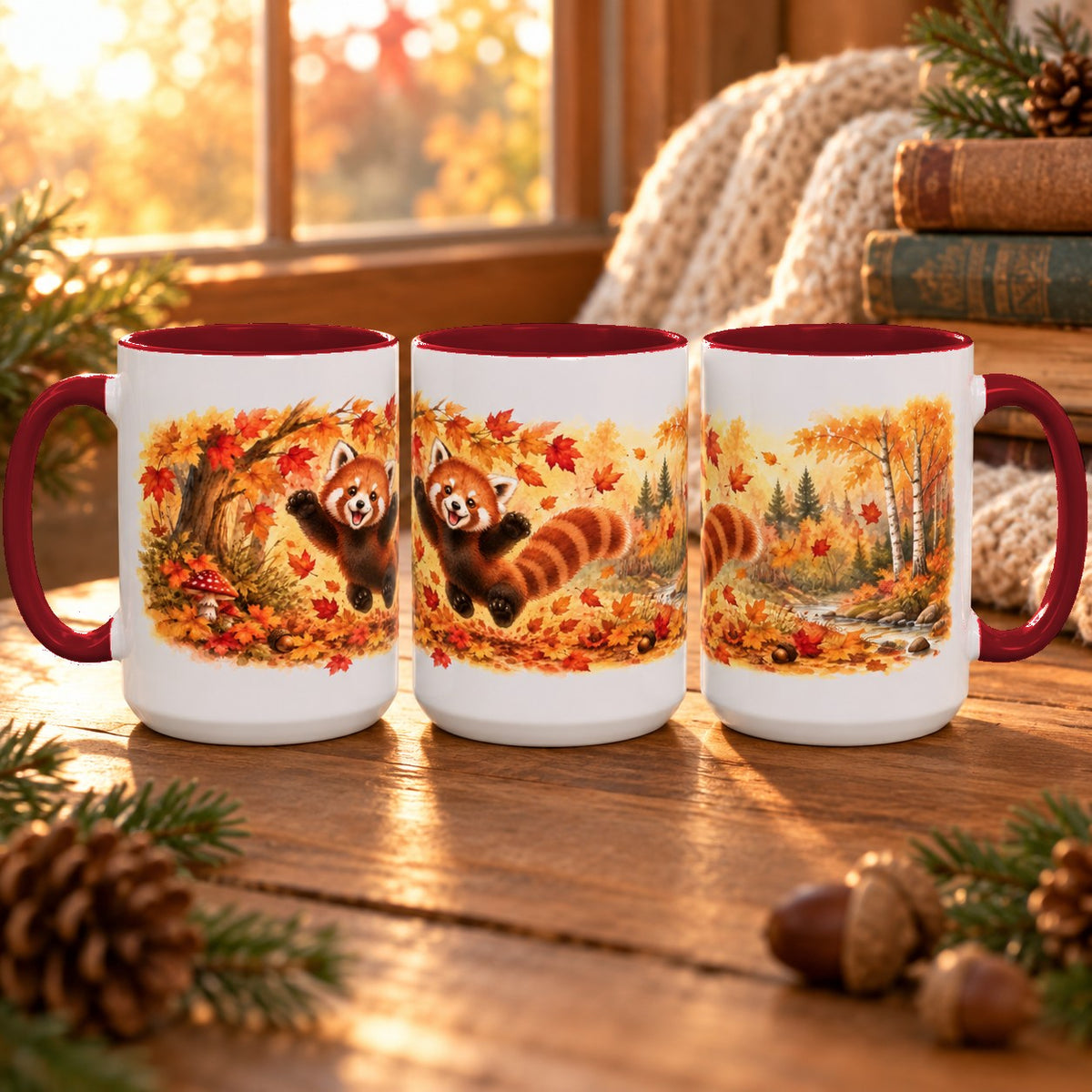 Red Panda mug, maroon inside and handle, 15oz, three views of the full wrap