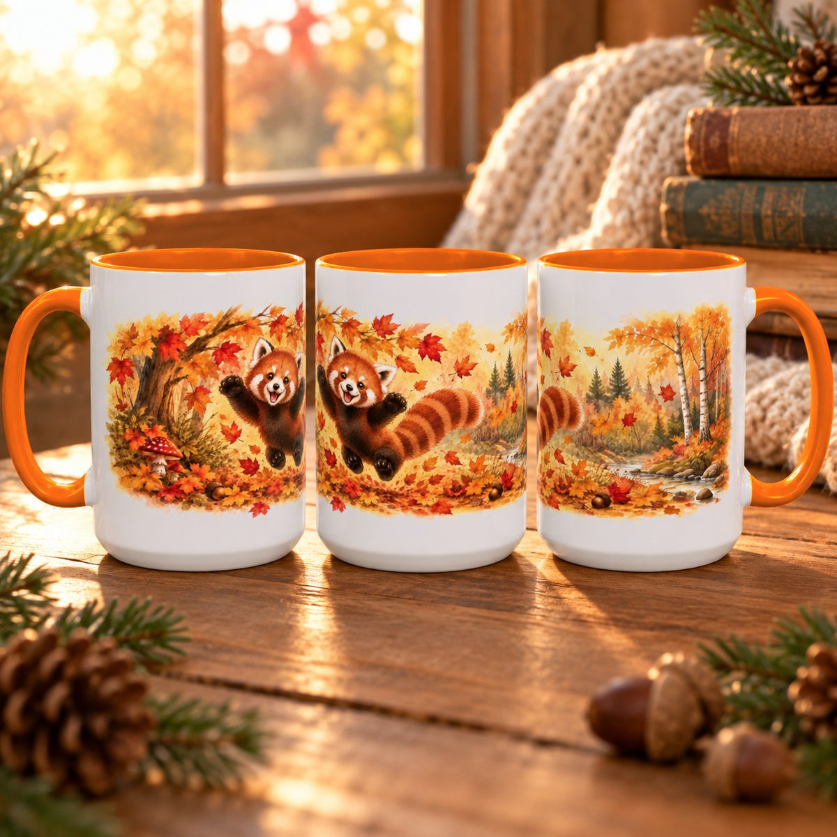 Red Panda mug, orange inside and handle, 15oz, three views of the full wrap