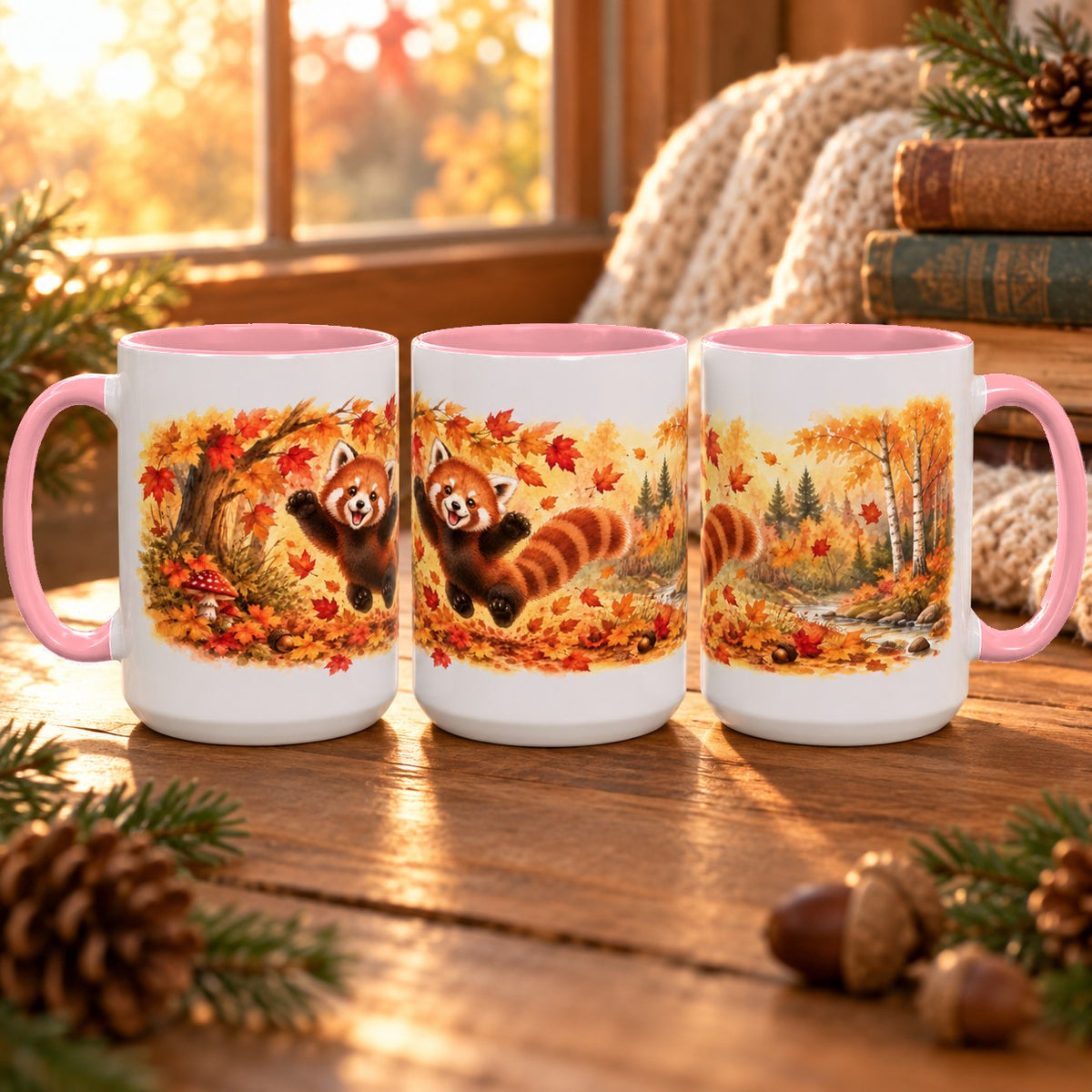 Red Panda mug, pink inside and handle, 15oz, three views of the full wrap