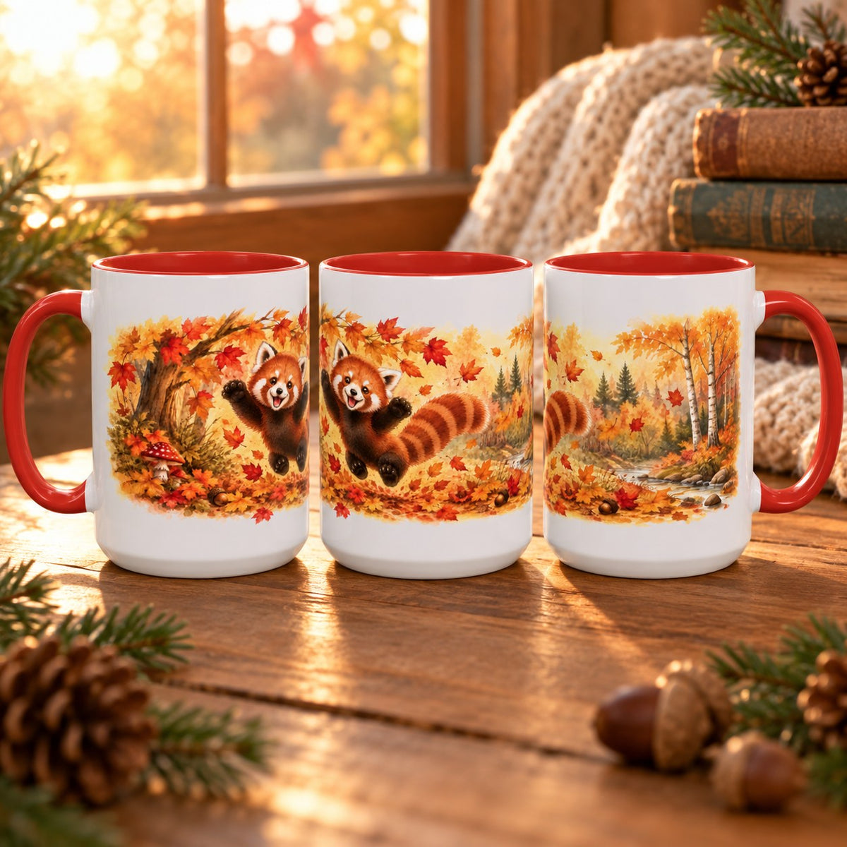 Red Panda mug, red inside and handle, 15oz, three views of the full wrap