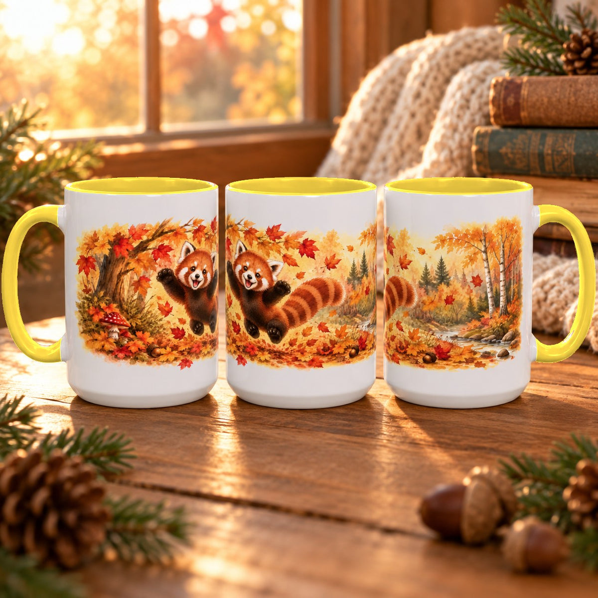 Red Panda mug, yellow inside and handle, 15oz, three views of the full wrap