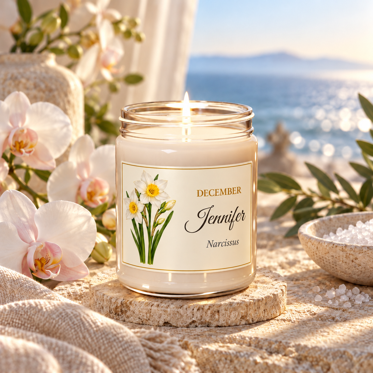 Personalized December birth flower name candle with Narcissus, Sea Salt + Orchid scent