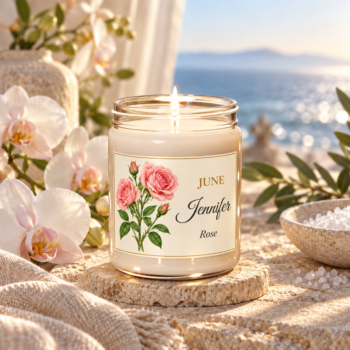 Personalized June birth flower name candle with Rose, Sea Salt + Orchid scent