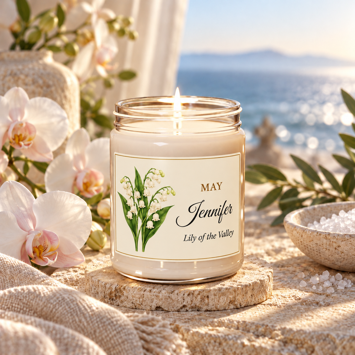 Personalized May birth flower name candle with Lily of the Valley, Sea Salt + Orchid scent