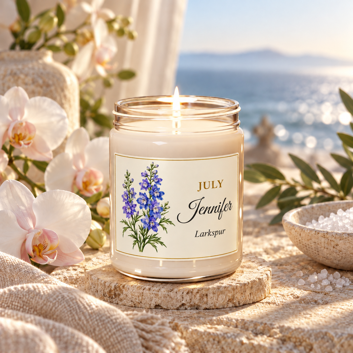 Personalized July birth flower name candle with Larkspur, Sea Salt + Orchid scent