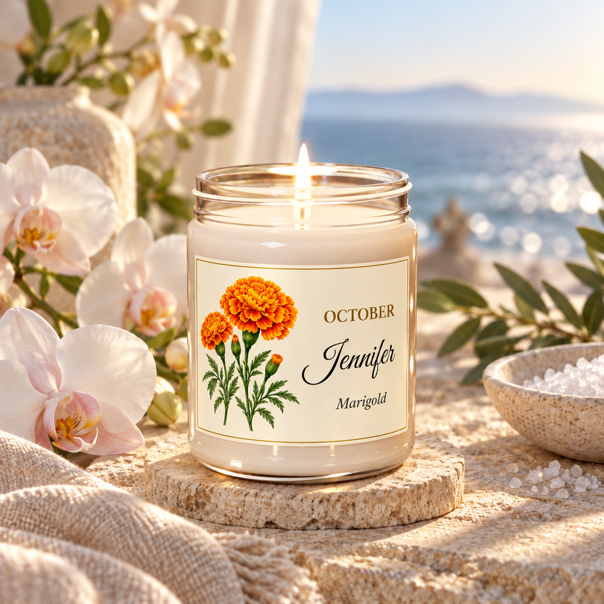 Personalized October birth flower name candle with Marigold, Sea Salt + Orchid scent