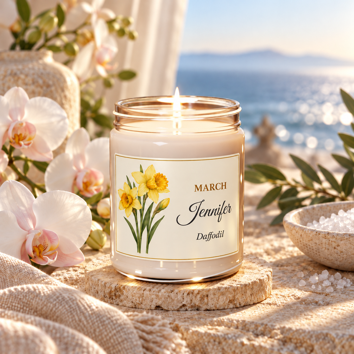 Personalized March birth flower name candle with Daffodil, Sea Salt + Orchid scent