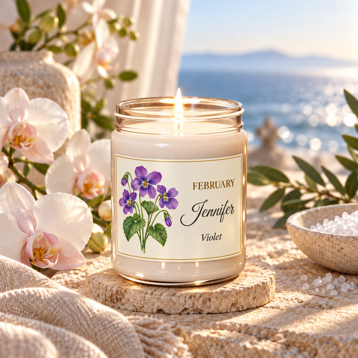 Personalized February birth flower name candle with Violet, Sea Salt + Orchid scent