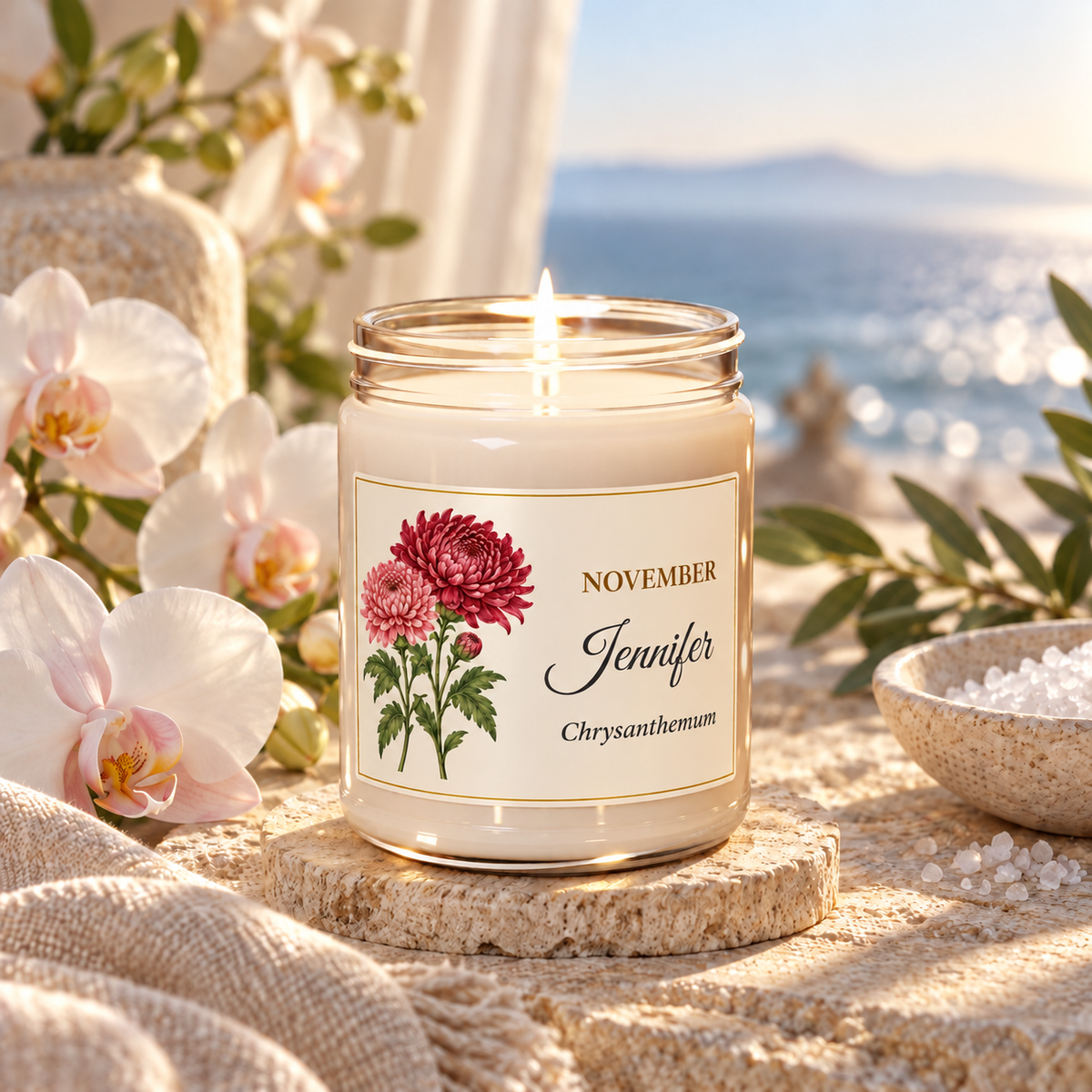 Personalized November birth flower name candle with Chrysanthemum, Sea Salt + Orchid scent