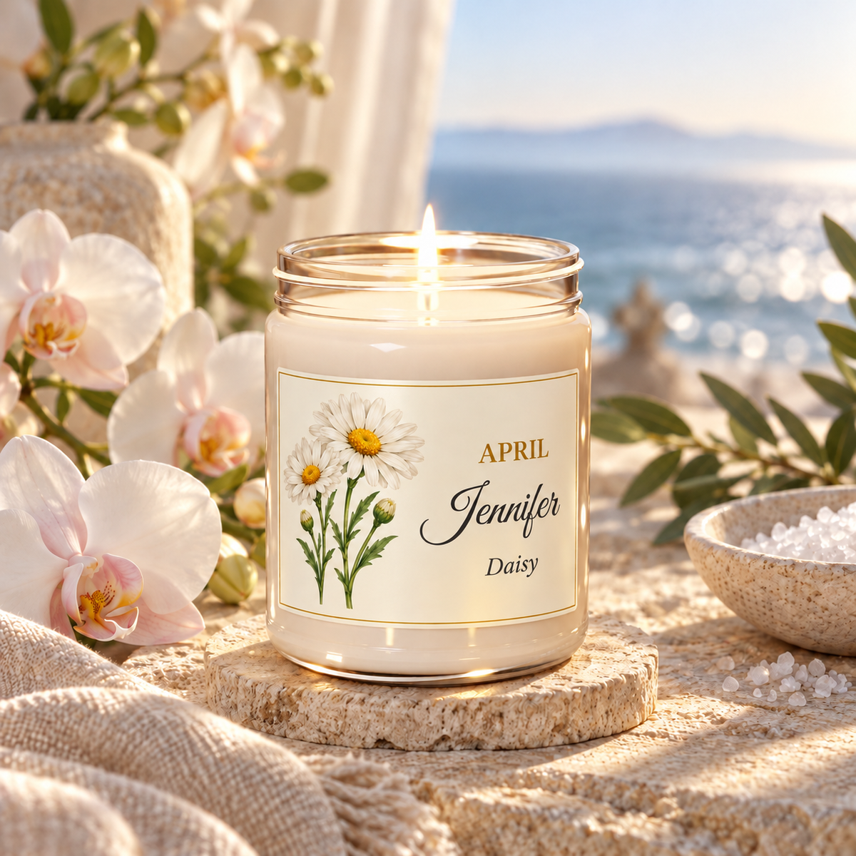 Personalized April birth flower name candle with Daisy, Sea Salt + Orchid scent