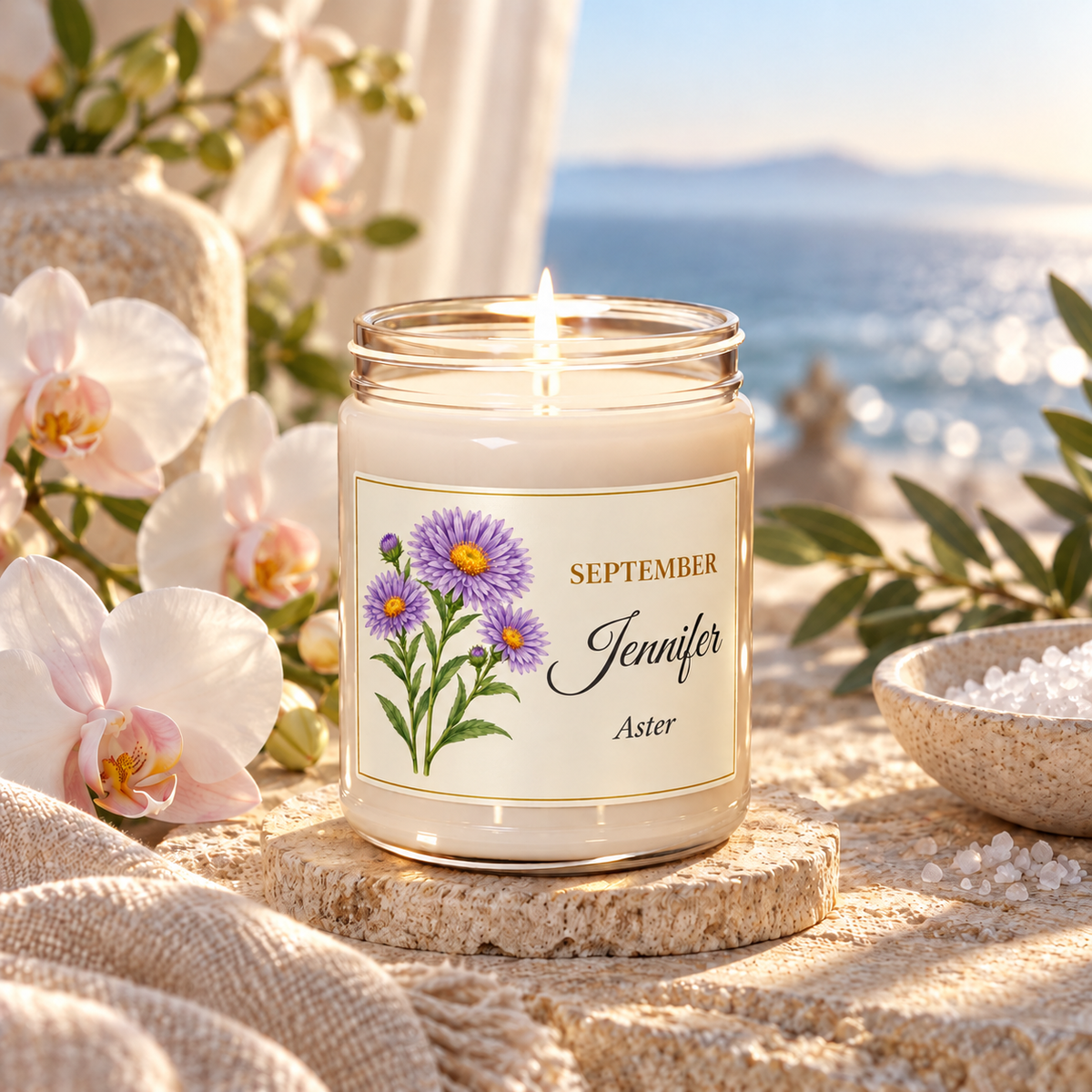 Personalized September birth flower name candle with Aster, Sea Salt + Orchid scent