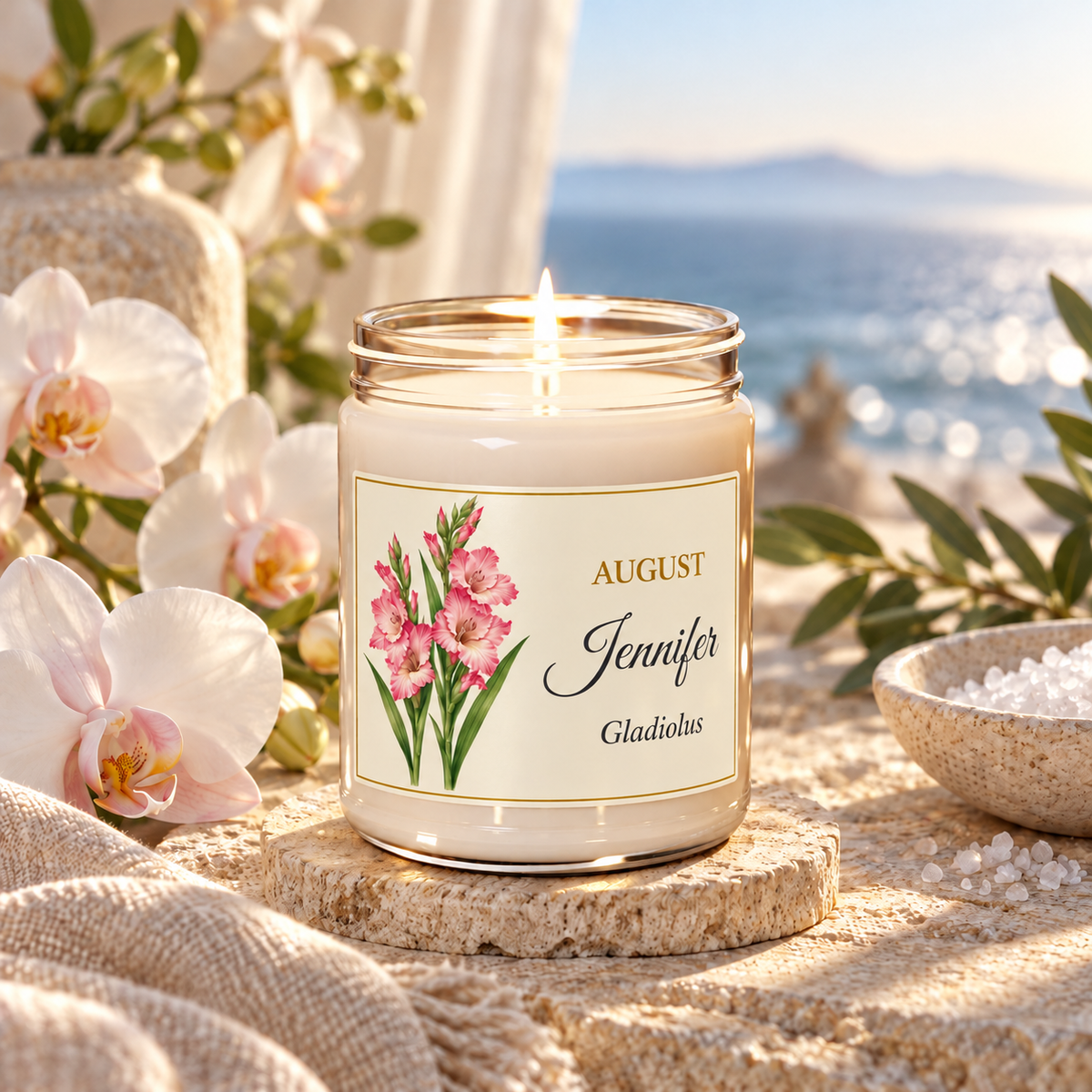 Personalized August birth flower name candle with Gladiolus, Sea Salt + Orchid scent