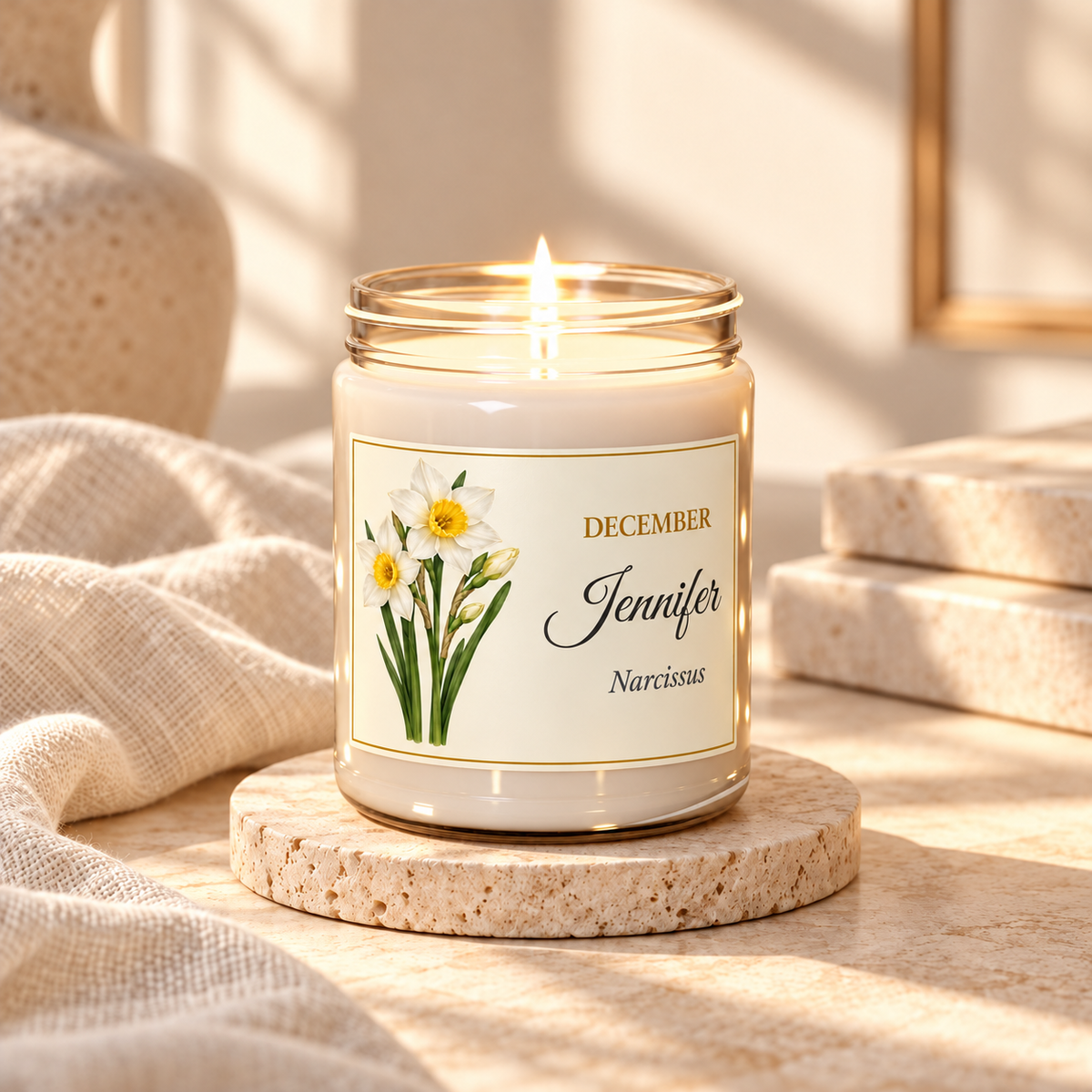 Personalized December birth flower name candle with Narcissus, unscented