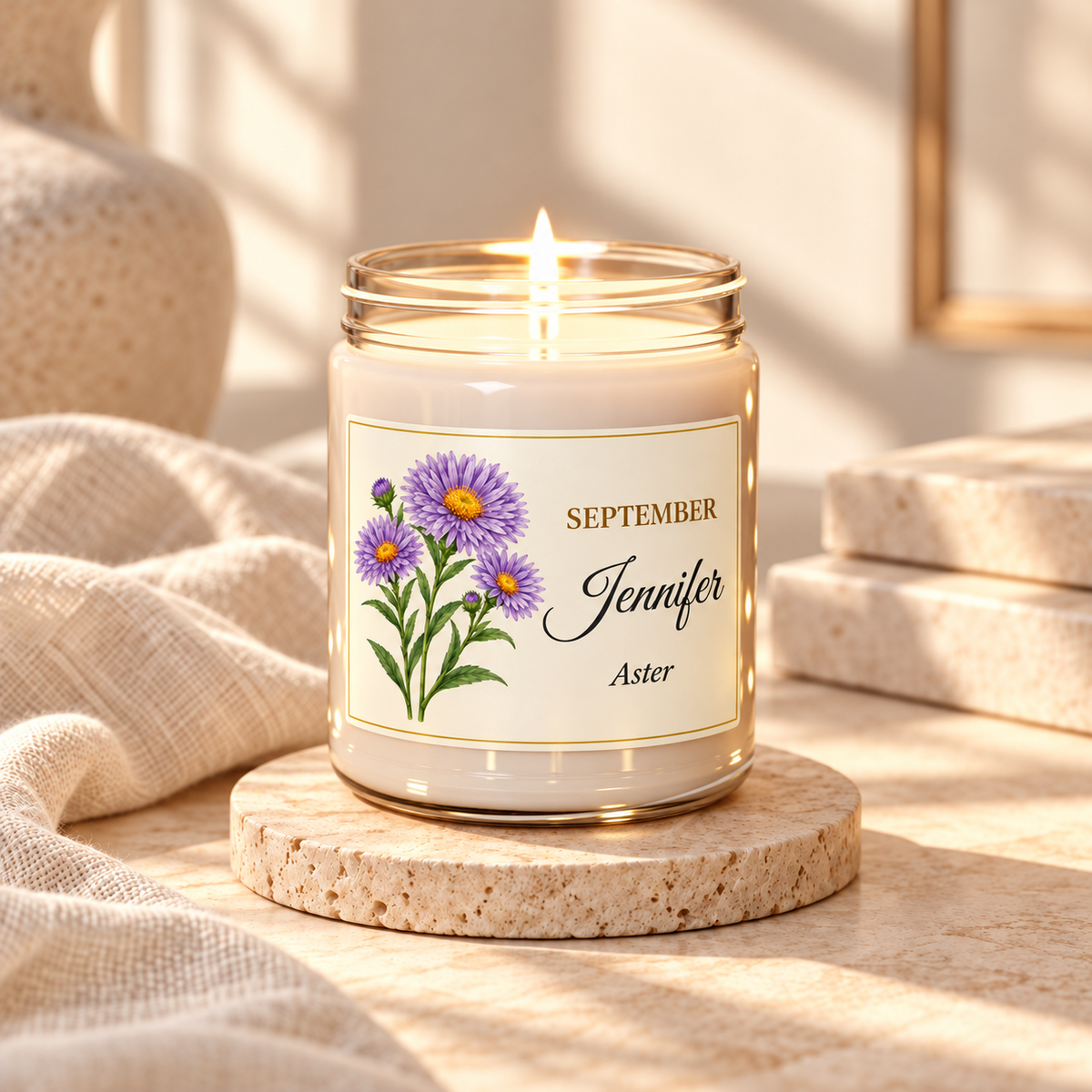Personalized September birth flower name candle with Aster, unscented