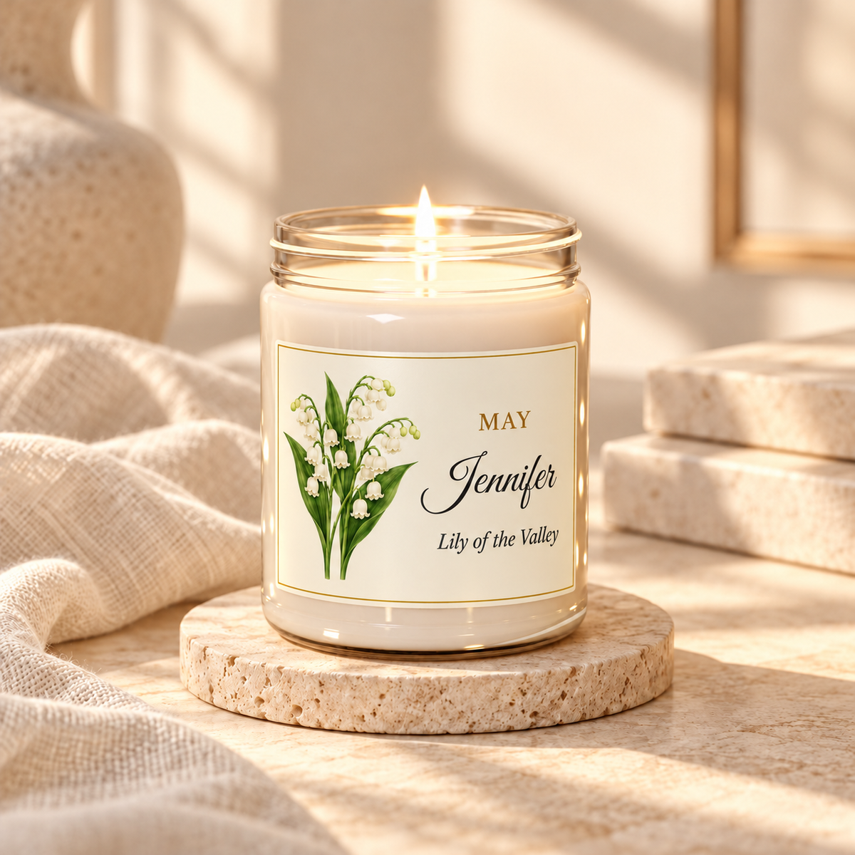 Personalized May birth flower name candle with Lily of the Valley, unscented