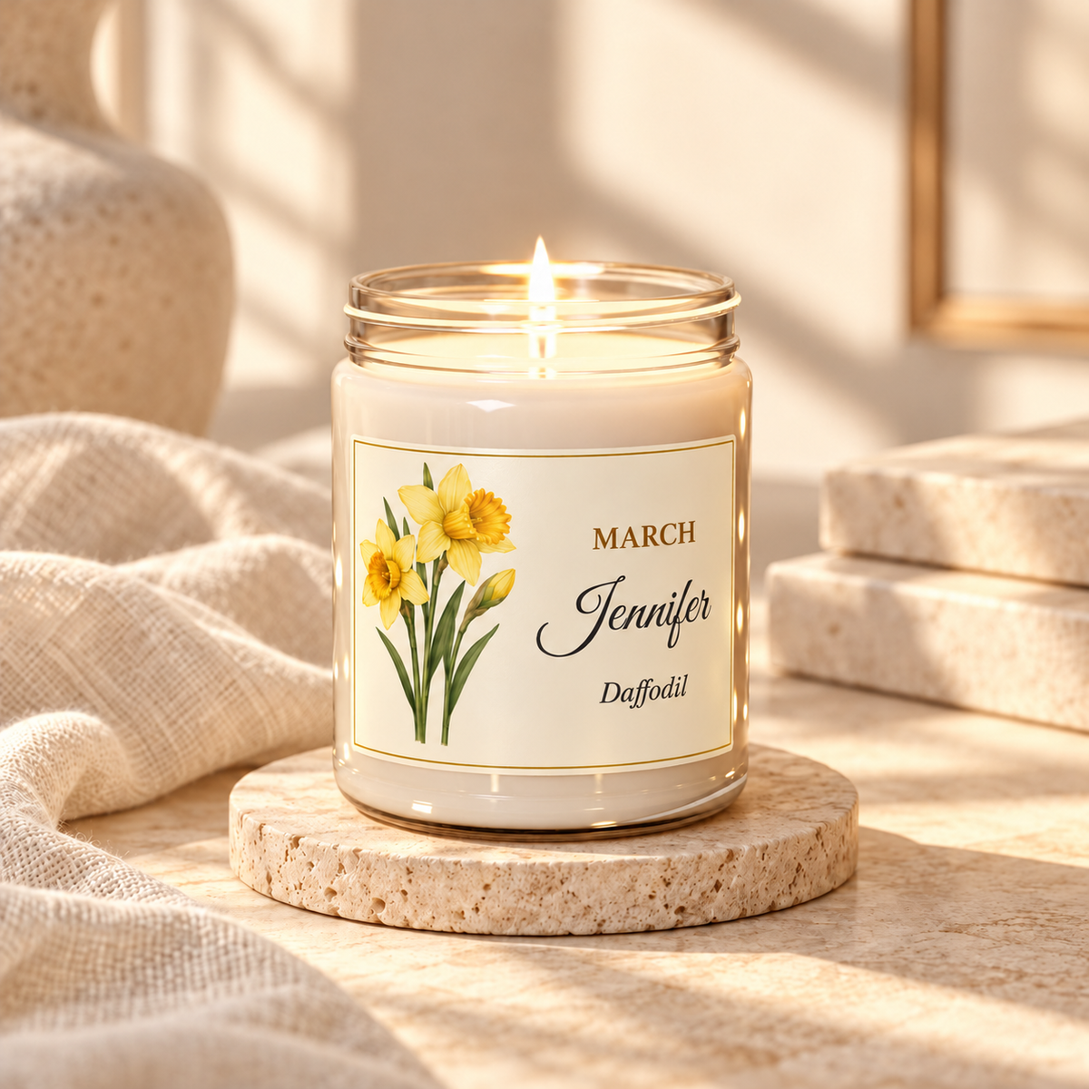 Personalized March birth flower name candle with Daffodil, unscented