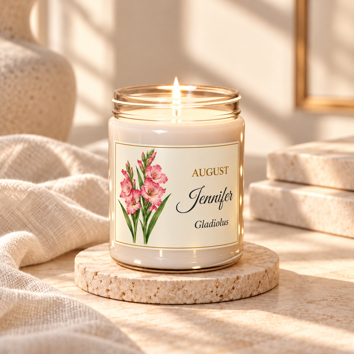 Personalized August birth flower name candle with Gladiolus, unscented