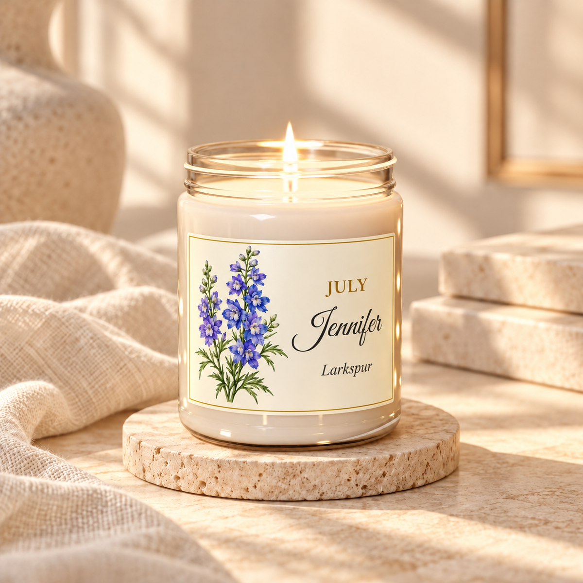 Personalized July birth flower name candle with Larkspur, unscented