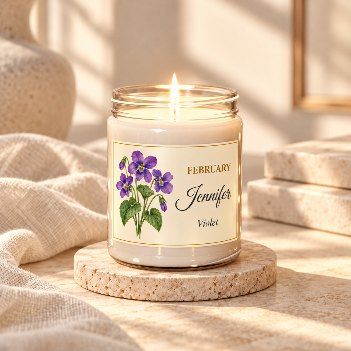 Personalized February birth flower name candle with Violet, unscented