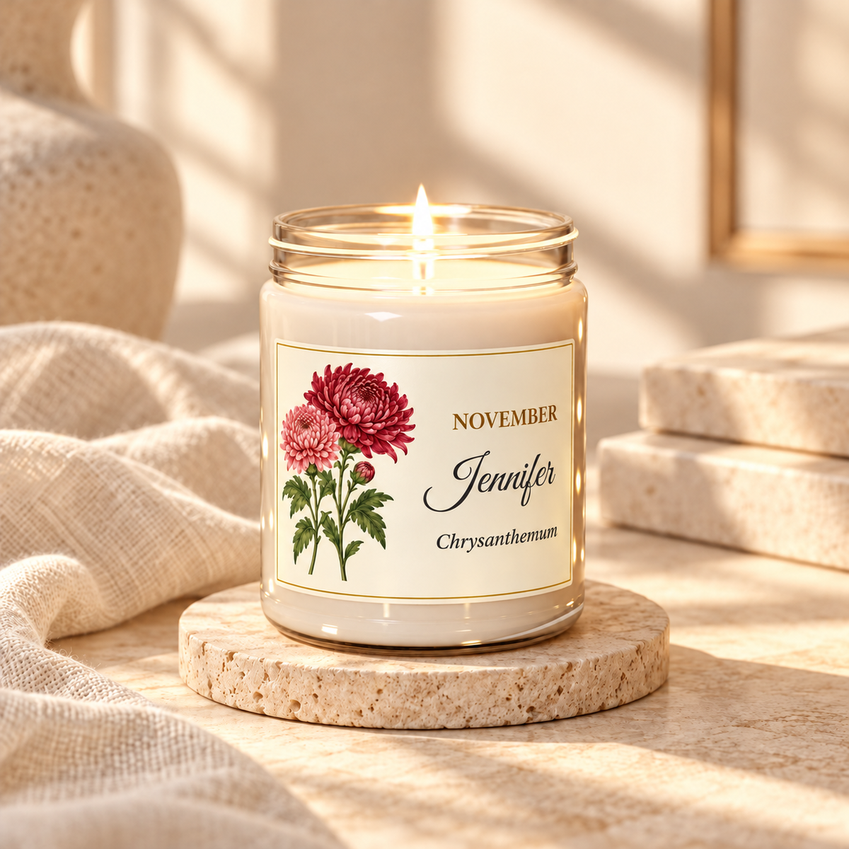 Personalized November birth flower name candle with Chrysanthemum, unscented