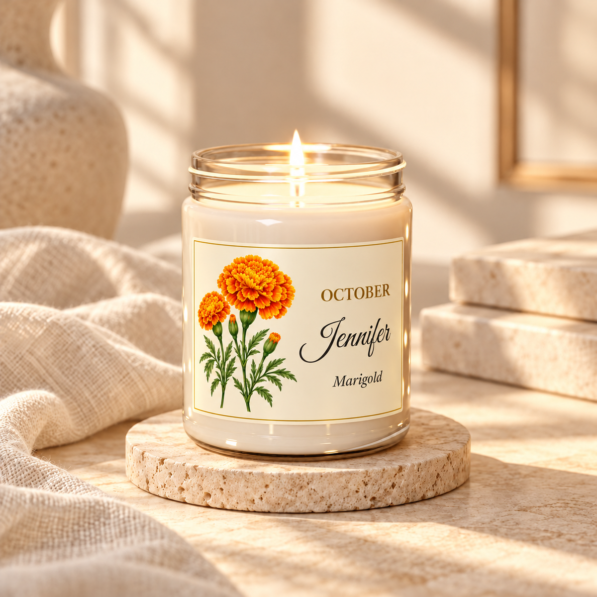 Personalized October birth flower name candle with Marigold, unscented