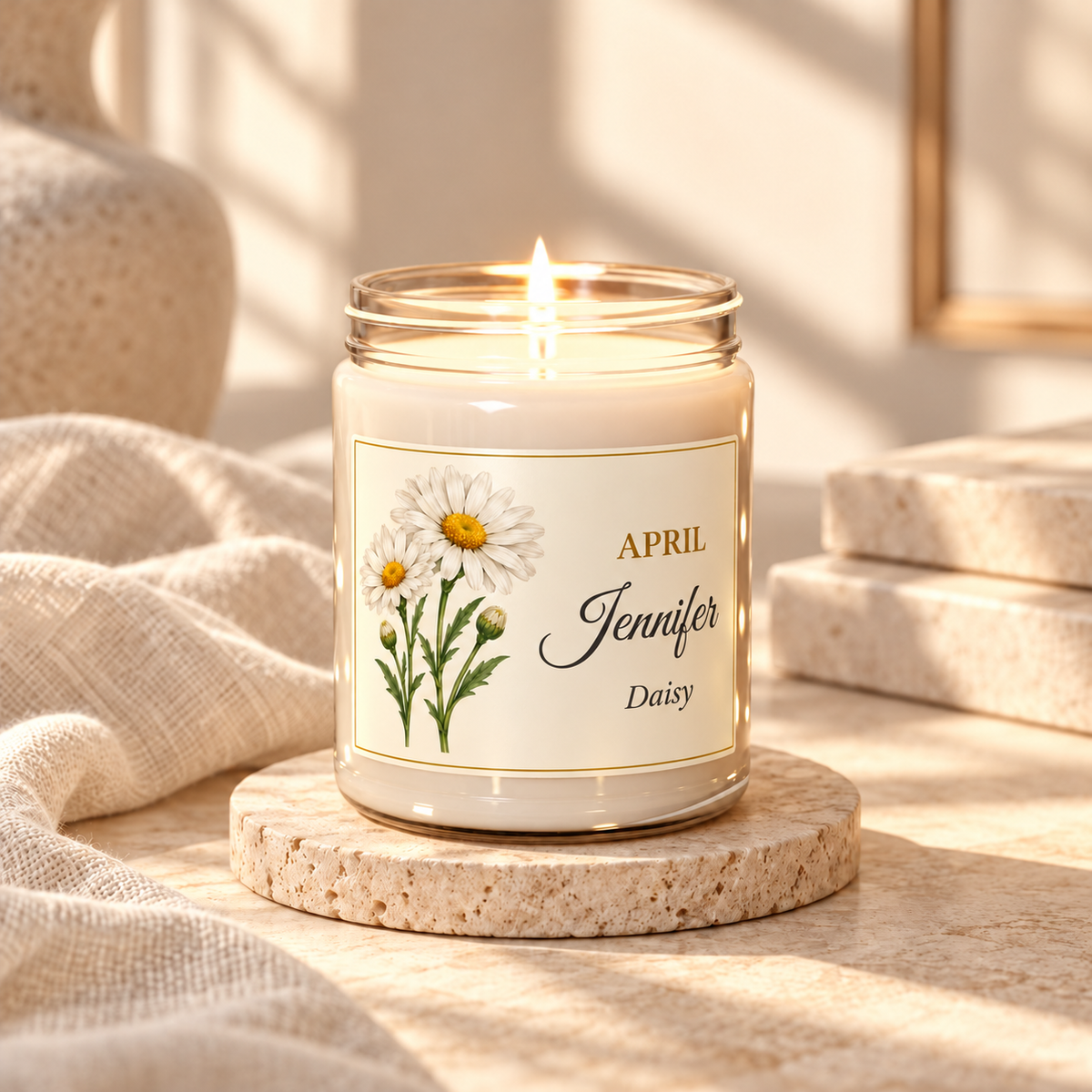 Personalized April birth flower name candle with Daisy, unscented