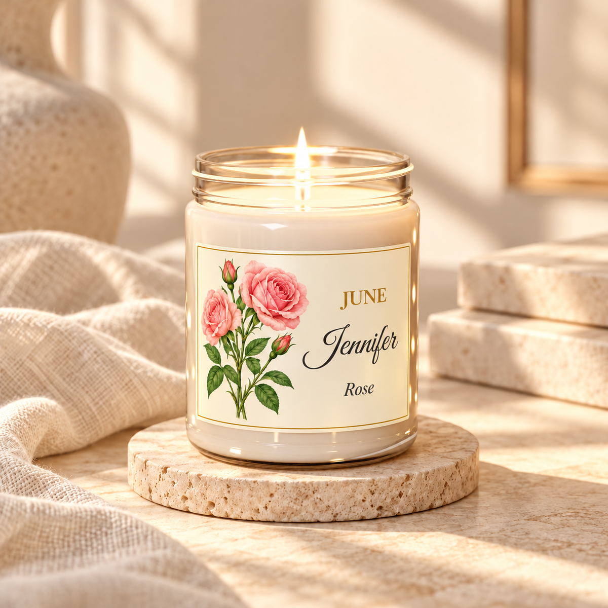 Personalized June birth flower name candle with Rose, unscented