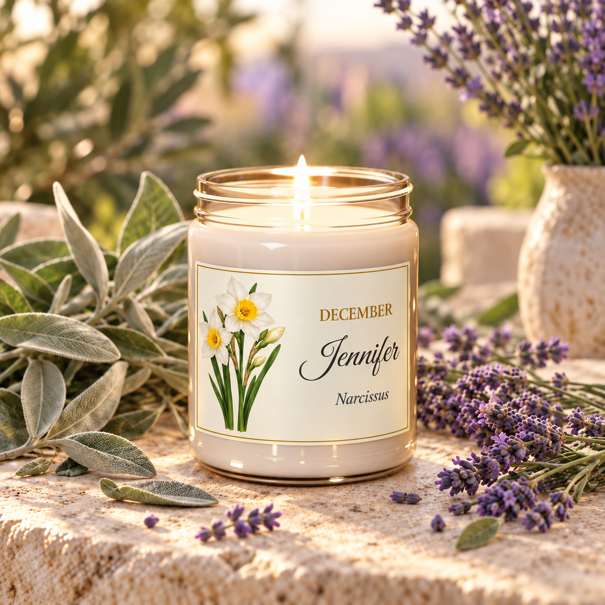 Personalized December birth flower name candle with Narcissus, White Sage and Lavender scent