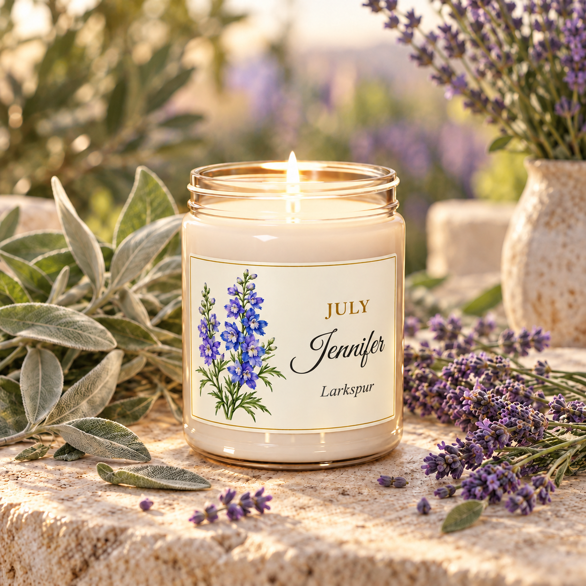 Personalized July birth flower name candle with Larkspur, White Sage and Lavender scent